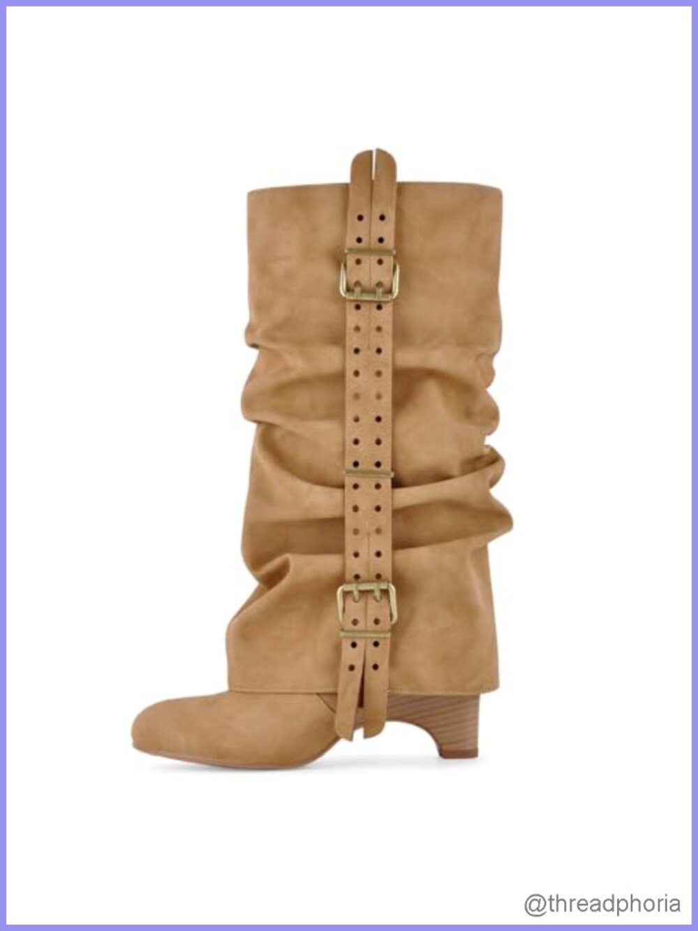 Fold Over Slouch Knee High Ruched Boots Block Heel Buckles Wide Calf